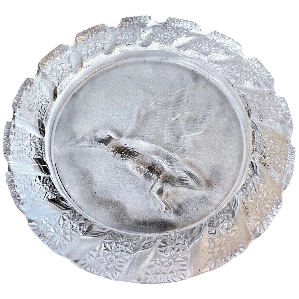 Imperial Clear Glass Ashtray‎ Flying Mallard Duck Round Etched 7.5 Inch Vintage